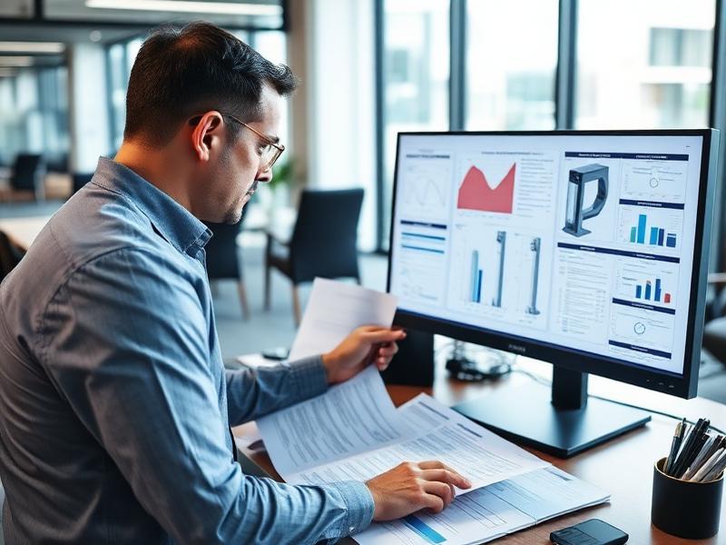 Specialist reviewing technical documents and product specifications on screen