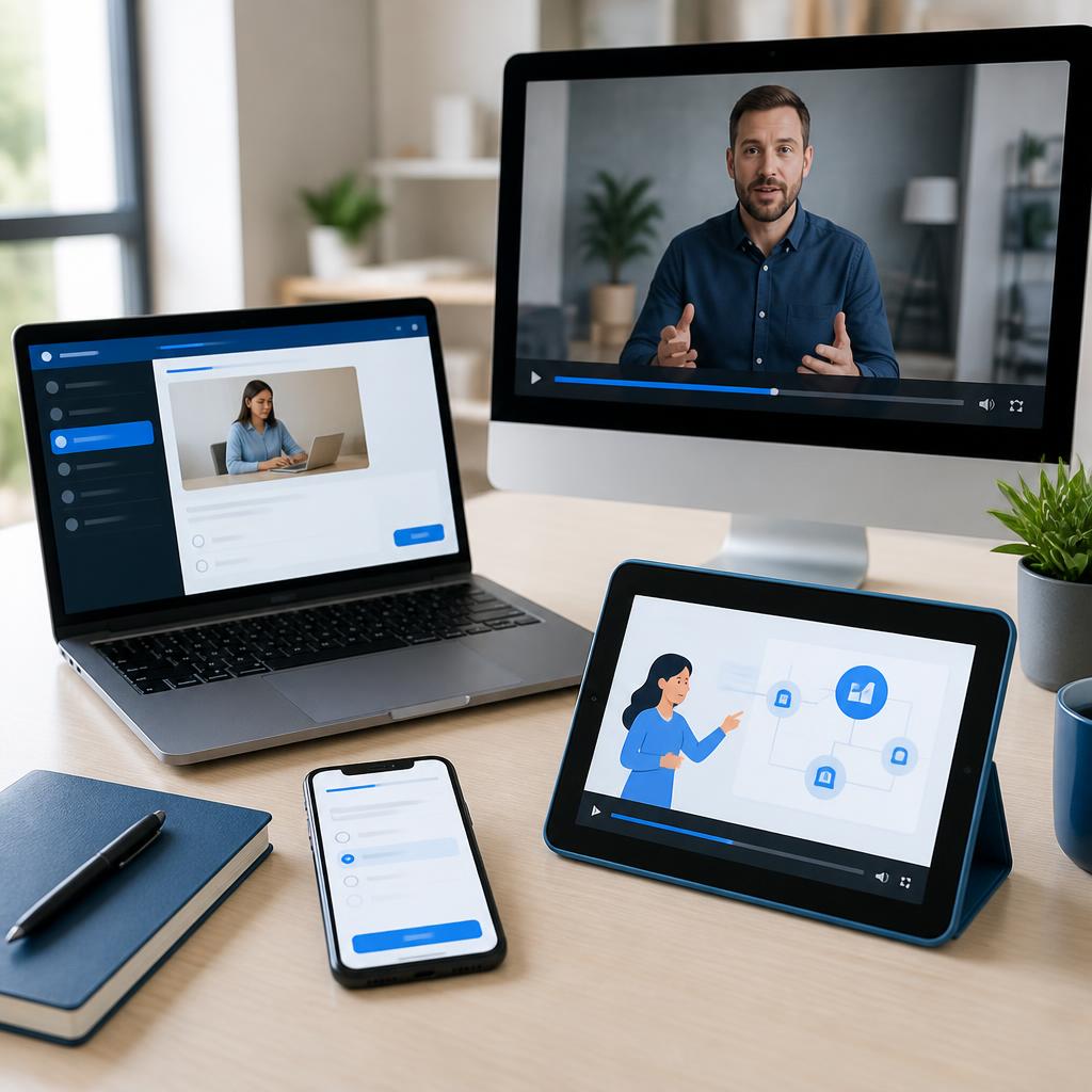 Corporate eLearning formats displayed across laptop, tablet and phone
