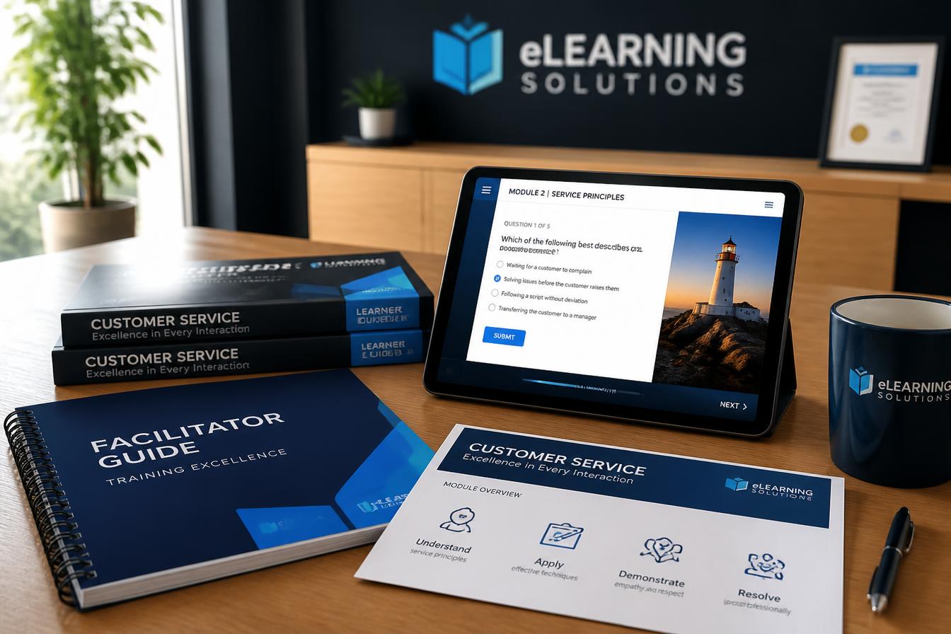 Printed training manuals and facilitator guides beside a tablet showing a converted interactive eLearning module