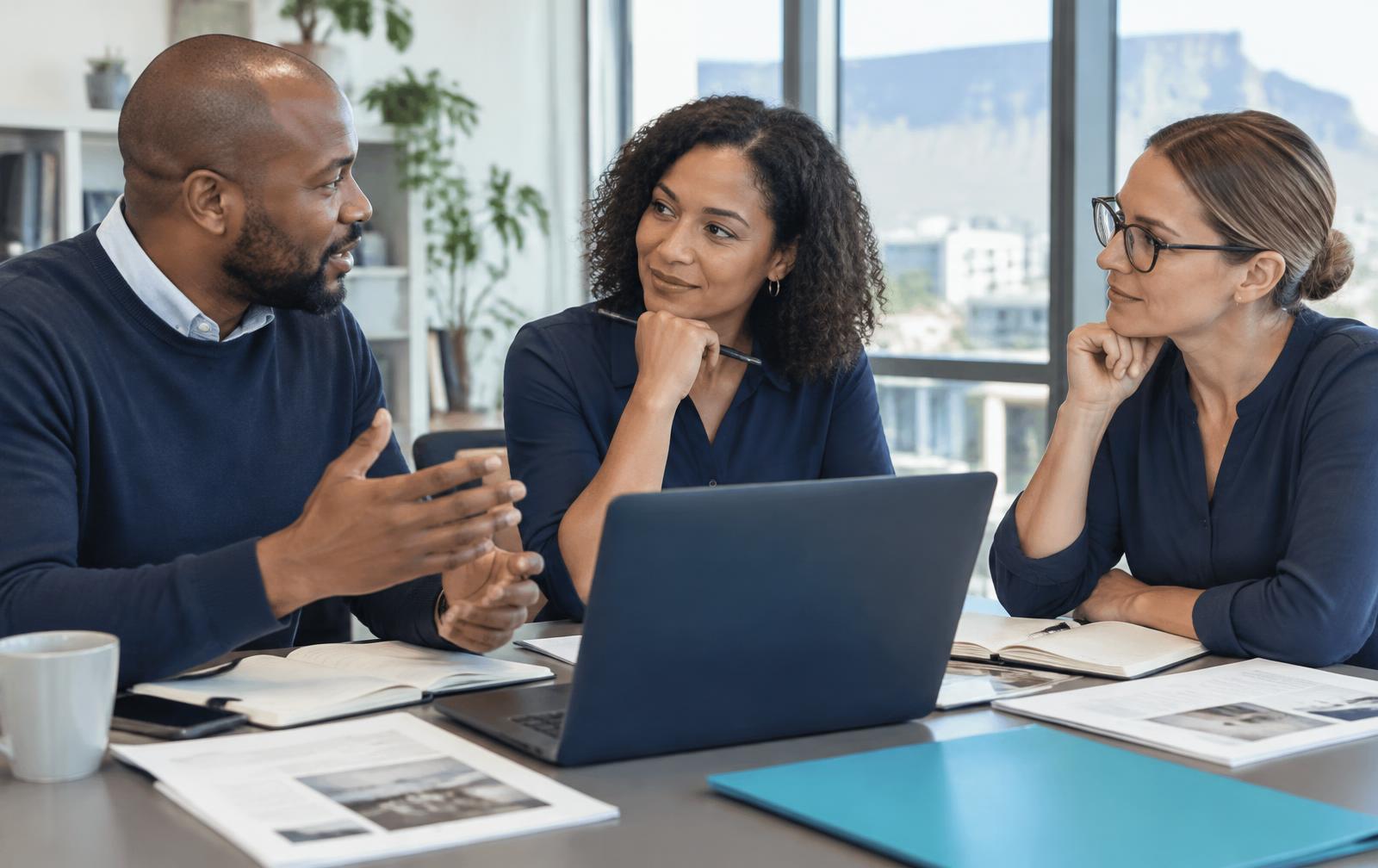 Three professionals discussing learning materials around a laptop in a naturally lit workspace