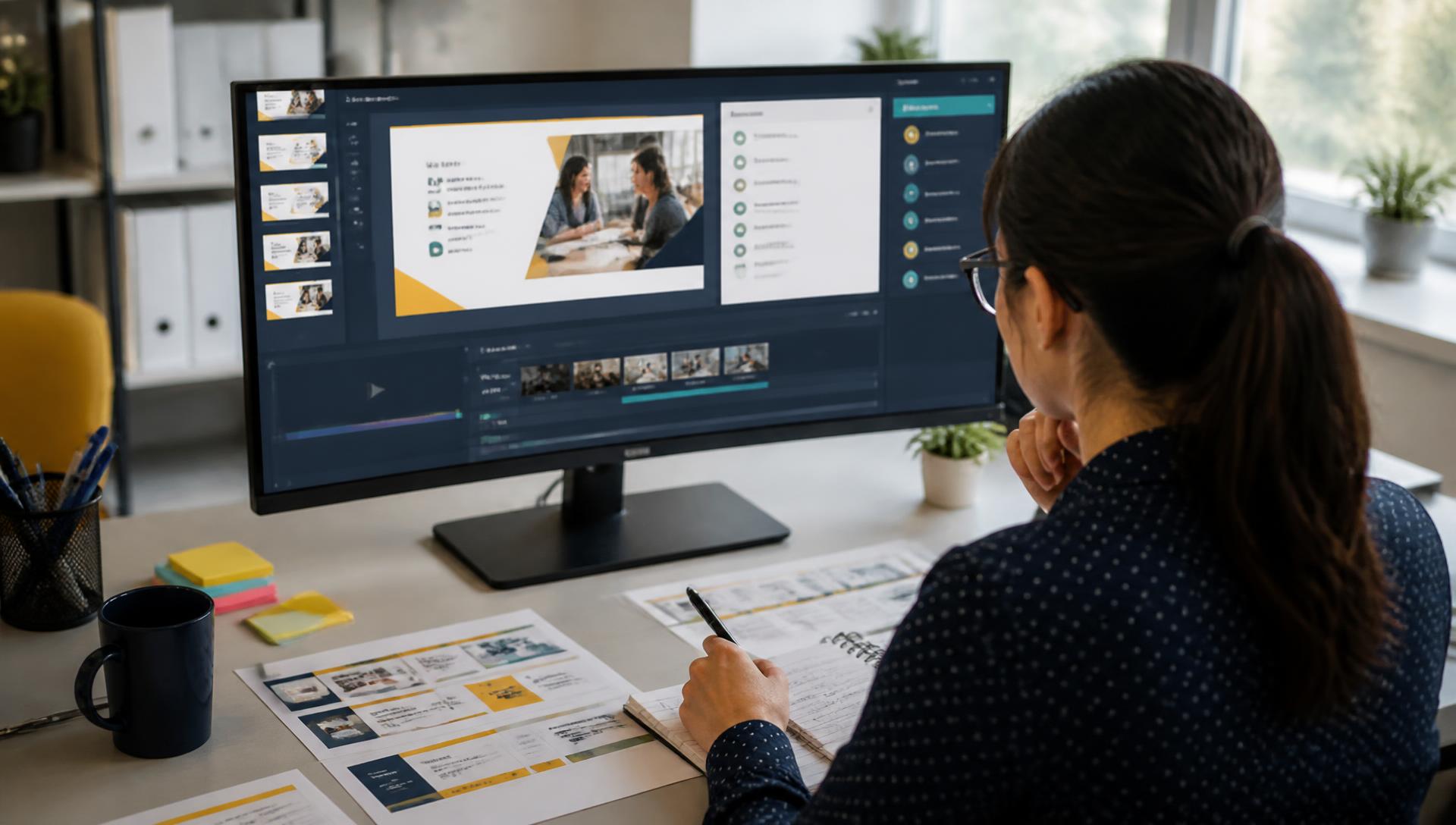 Instructional design workspace showing a digital course outline, curriculum flow and learning objectives