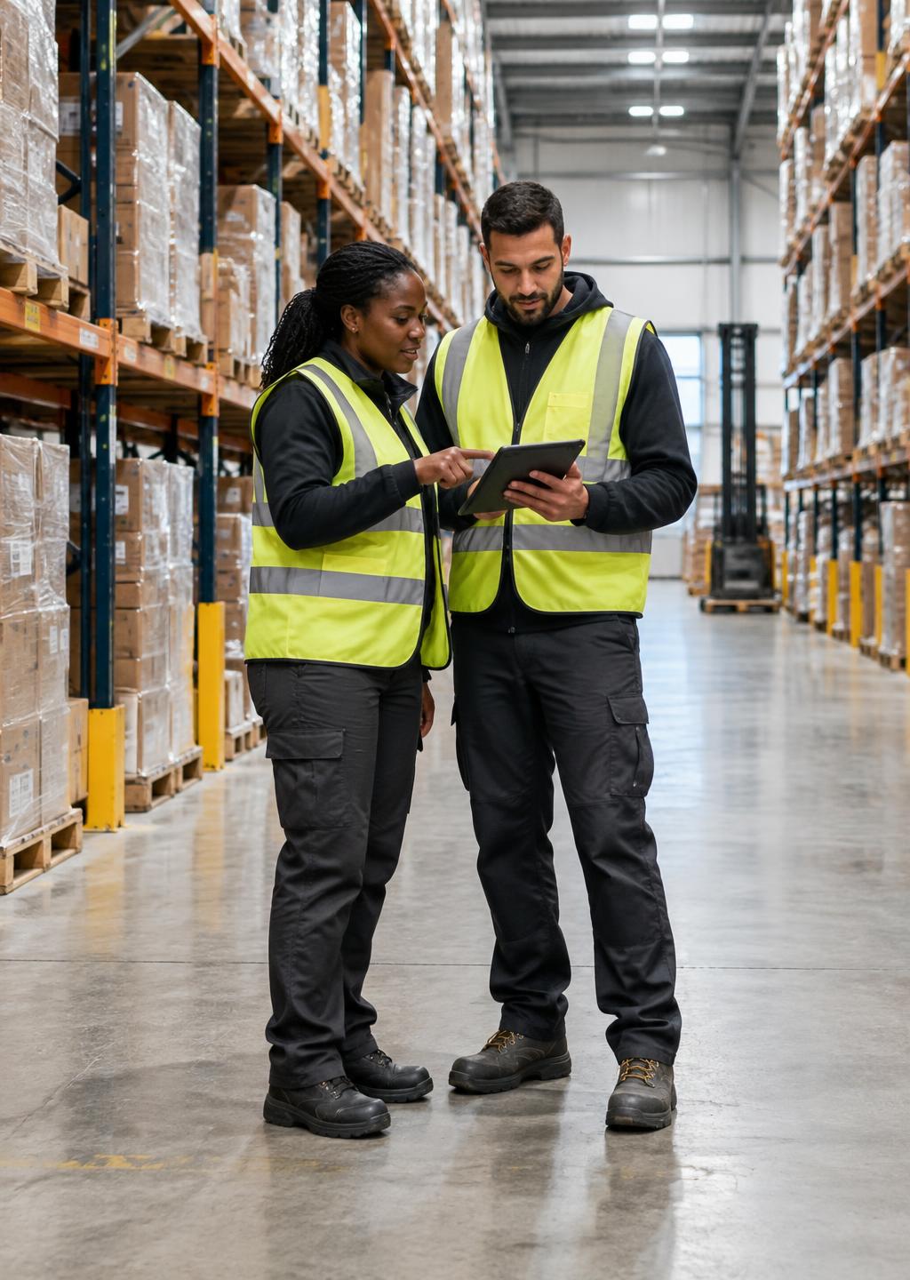 Two employees in safety vests reviewing a handheld tablet in a clean warehouse aisle lined with shelves and stacked pallets
