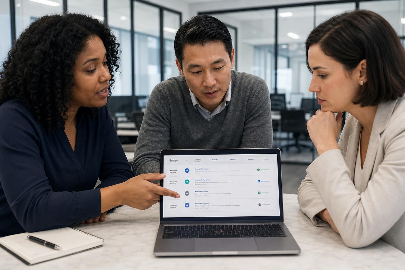Professionals following a structured digital learning pathway with milestones and progression
