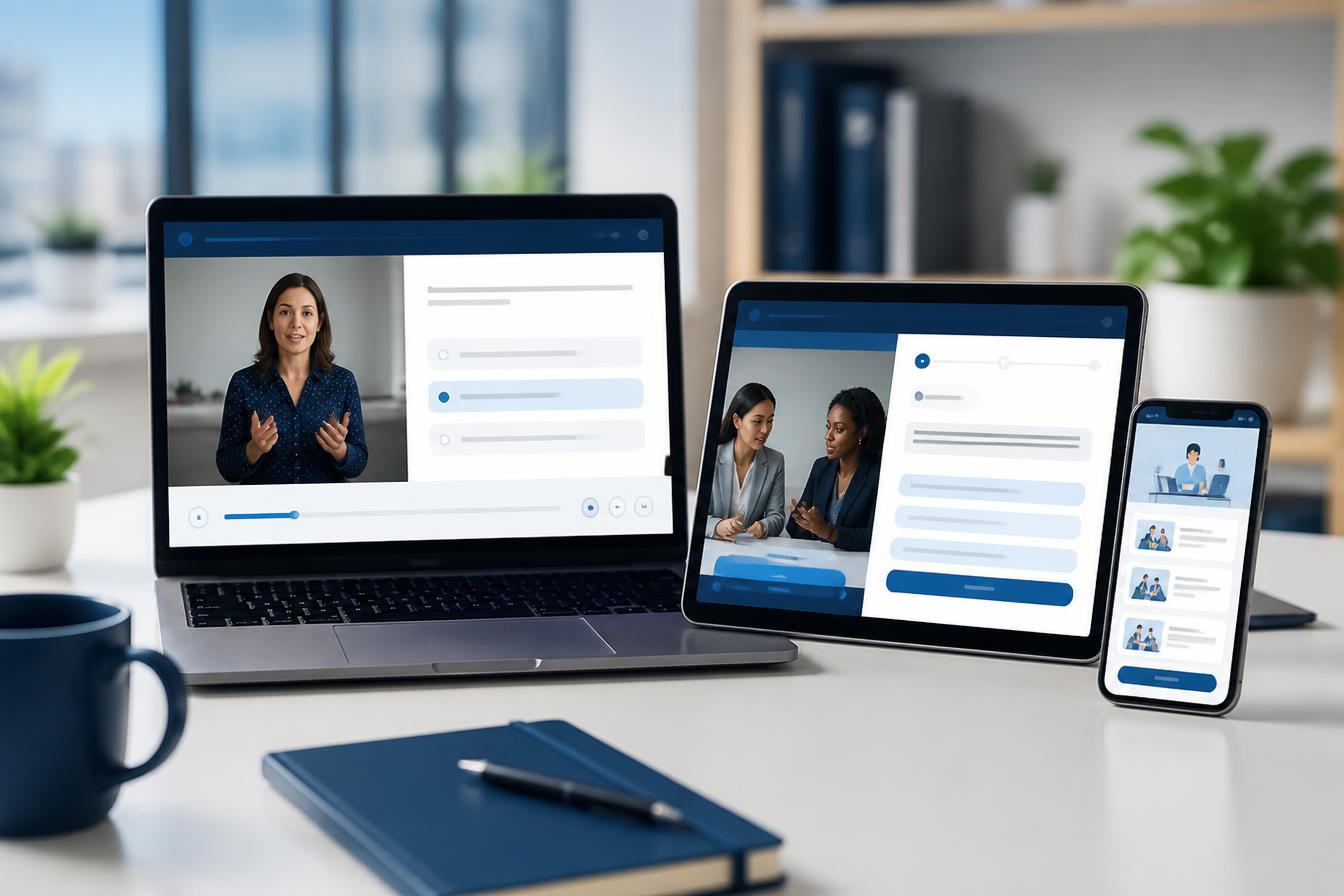 Custom online training formats displayed across laptop, tablet and mobile devices